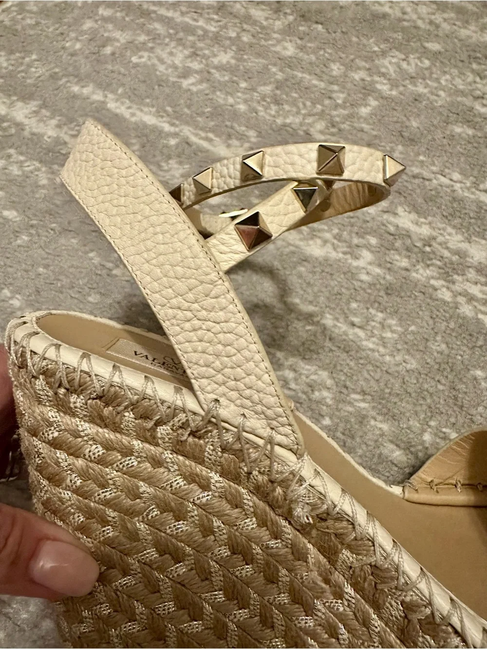 Valentino Ivory Leather Rockstud Ankle-Strap Wedge Sandals