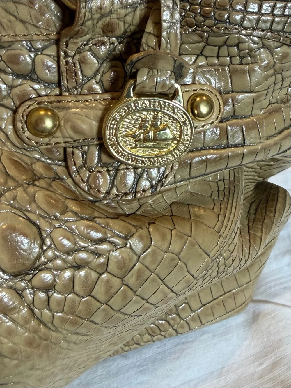 Brahmin Taupe Croc-Embossed Leather Shoulder Bag Free Mini pack back Bag Charm