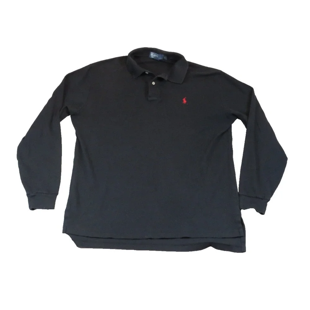 Polo Ralph Lauren Shirt Men Large L Black Long Sleeve Pique Cotton Red Pony Logo