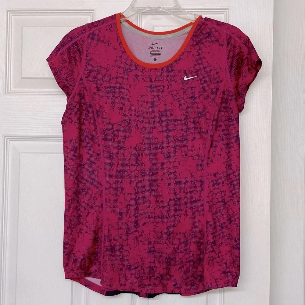 Nike Dri Fit Pink Print Mesh Back Short Sleeve Activewear Top Sz L