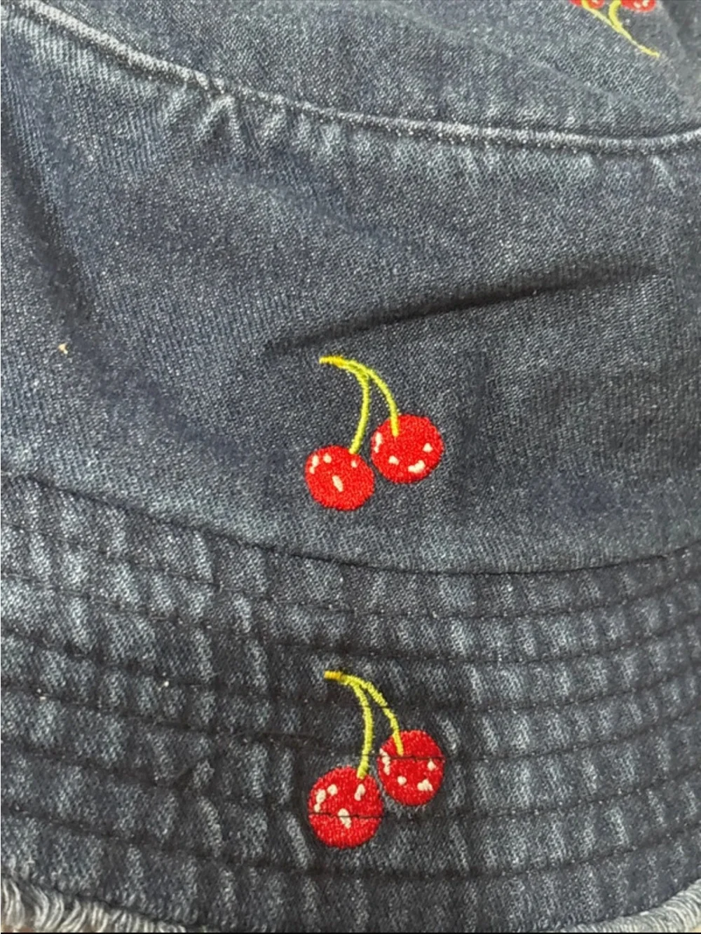 Denim Cherry Embroidered Bucket Hat - Blue