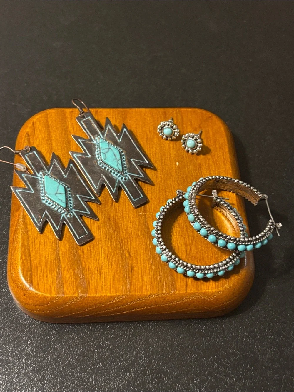 Southwestern Blue Turquoise  Color Accented Silver Hoop & Dangle Earring
