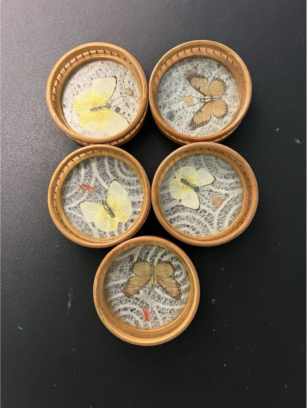 Japanese 1970s Set 5 Bamboo Pressed Butterfly Coasters & Serving Tray, 11x1.5”