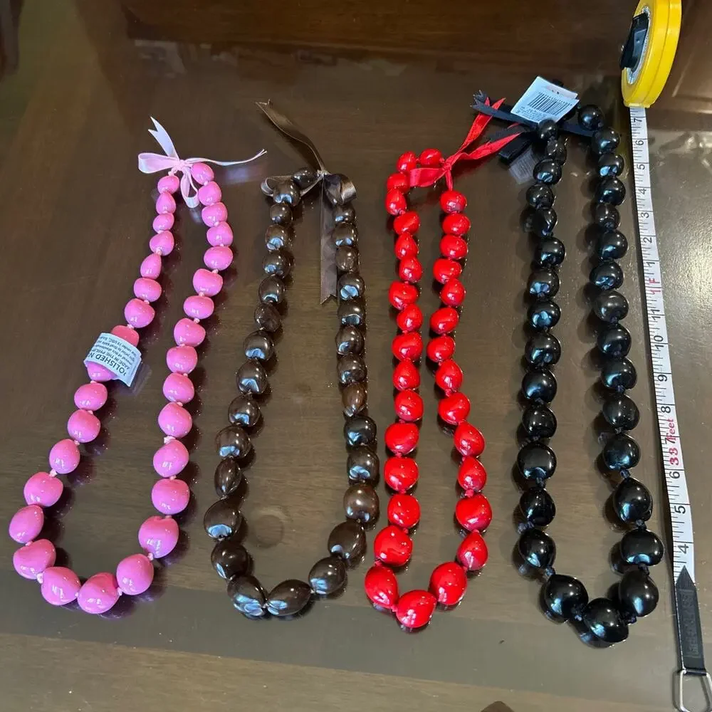 Black, Red, Pink & Brown Kukui Nut Lot Hawaiian Lei Necklace Ribbon Tie