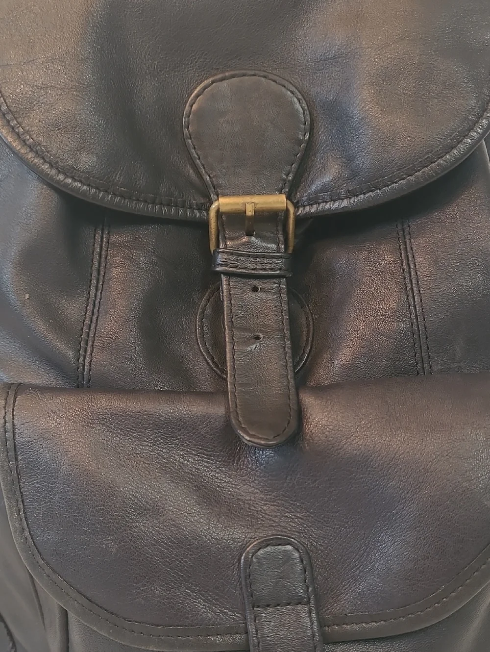 M. London Vintage Black Leather Patinaed Backpack Multi Pocket Drawstring Close