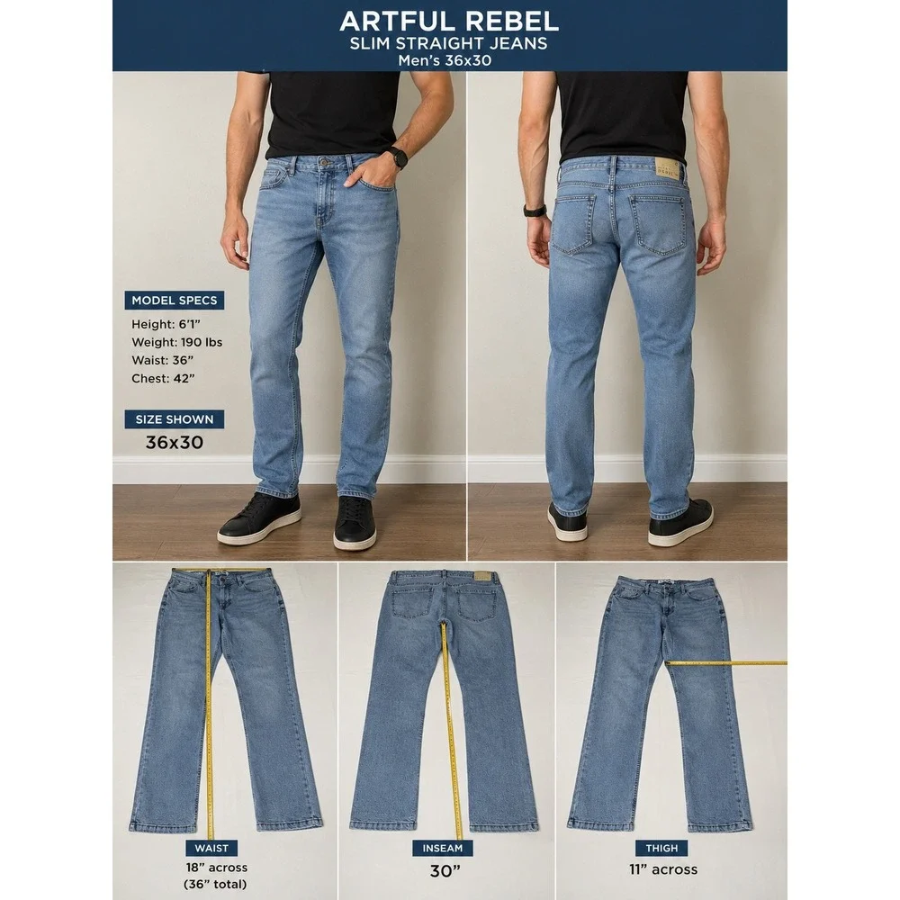 Artful Rebel Mens Slim Straight Jeans 36x30 Medium Wash Blue Stretch Denim