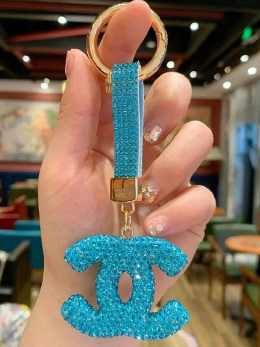 Luxury Turquoise Crystal CC Keychain bag charm wristlet Strap nwt