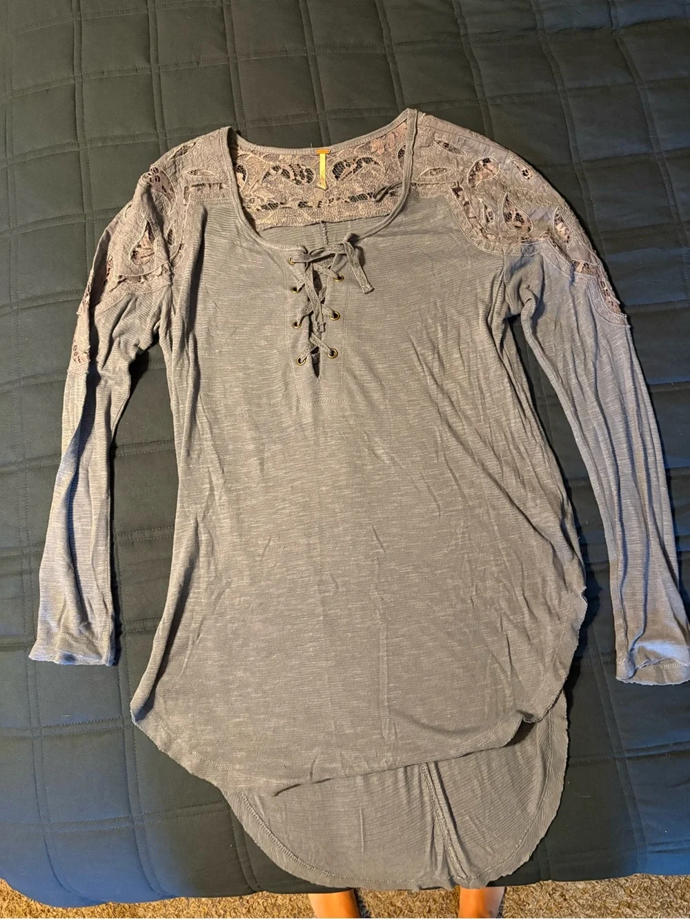 Free People Lace-Trim Lace-Up Women's Long Sleeve Top in Slate Light Blue