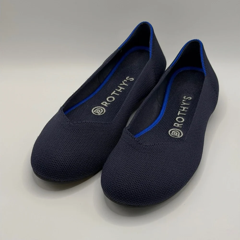 Rothys The Point Navy Blue Knit Pointed Toe Flat Shoes Womens Size 7.5