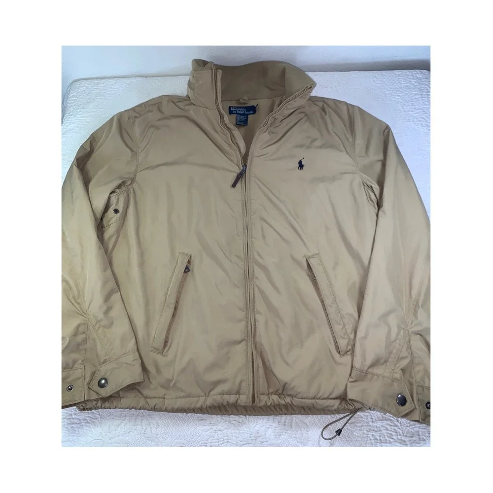 Polo Ralph Lauren Mens Tan Windbreaker Jacket Stowaway Hood Fleece Lined Large