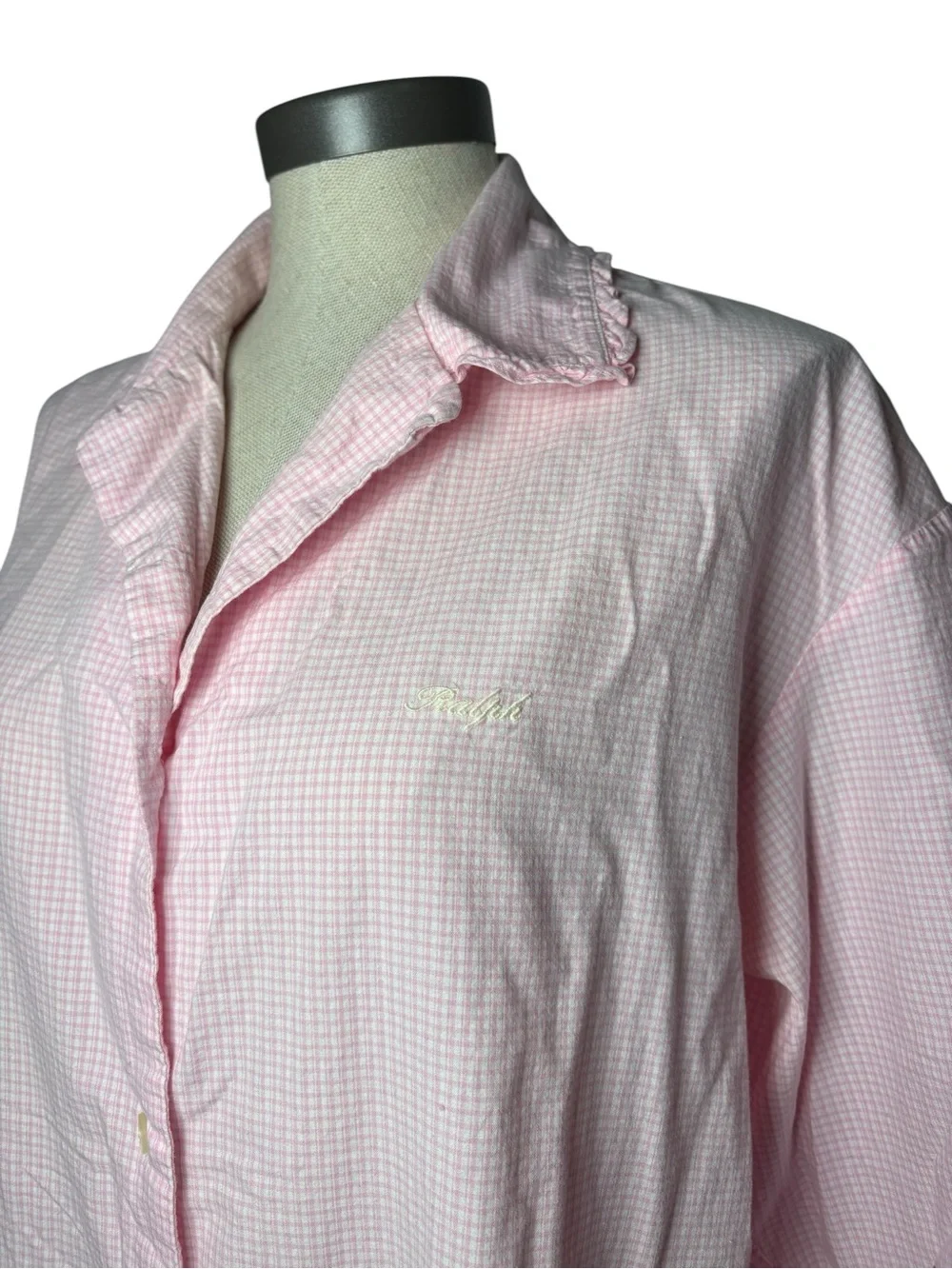 Ralph Lauren Pink Gingham Cotton Sleep Shirt Nightgown Large Ruffle Collar