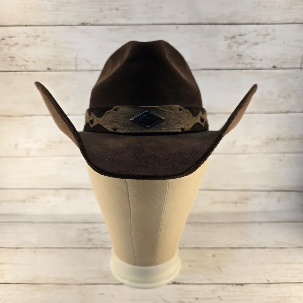 Run A Muck Brown Faux Suede Cowboy Hat Western Concho Beaded Drawstring Hat