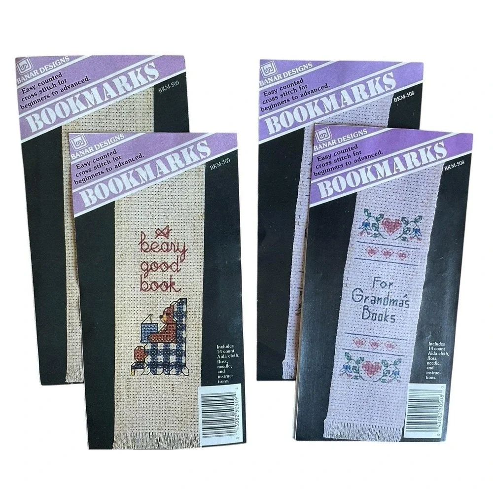 Lot of 4 Cross‎ Stitch Bookmark Kits Grandmas' Book Bear Good Book Banar Design