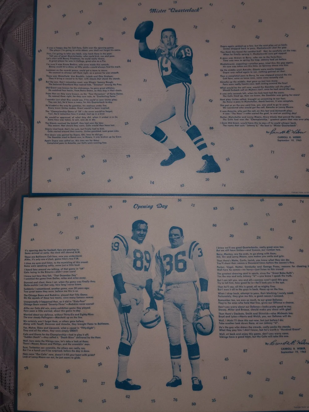 1965 Baltimore Colts Football Placemat Set Day Johnny Unitas Marchetti 11 X 16