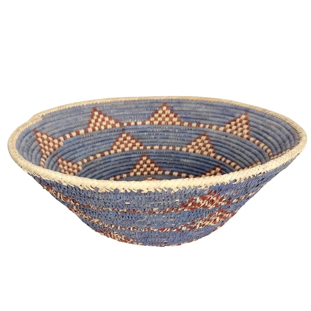 Large Handwoven Coil Basket Bowl Blue Geometric Boho African Decor 15 in Vintae‎