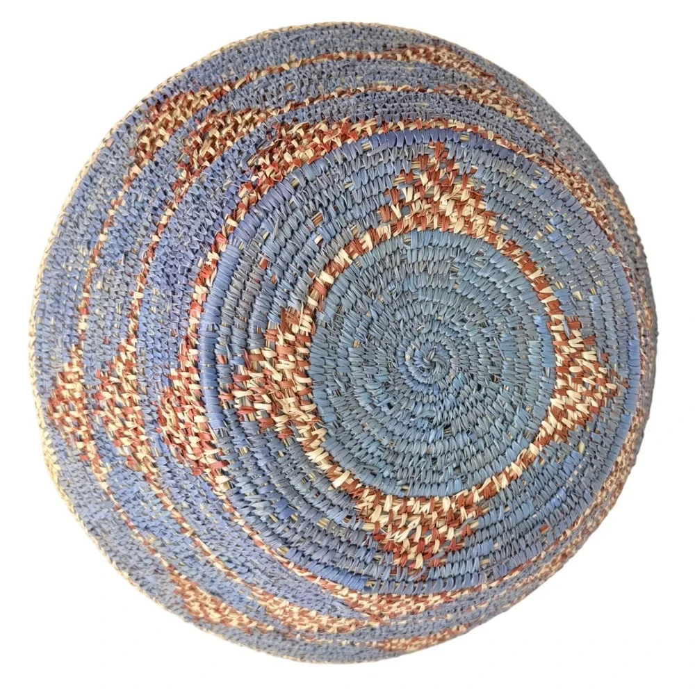 Large Handwoven Coil Basket Bowl Blue Geometric Boho African Decor 15 in Vintae‎