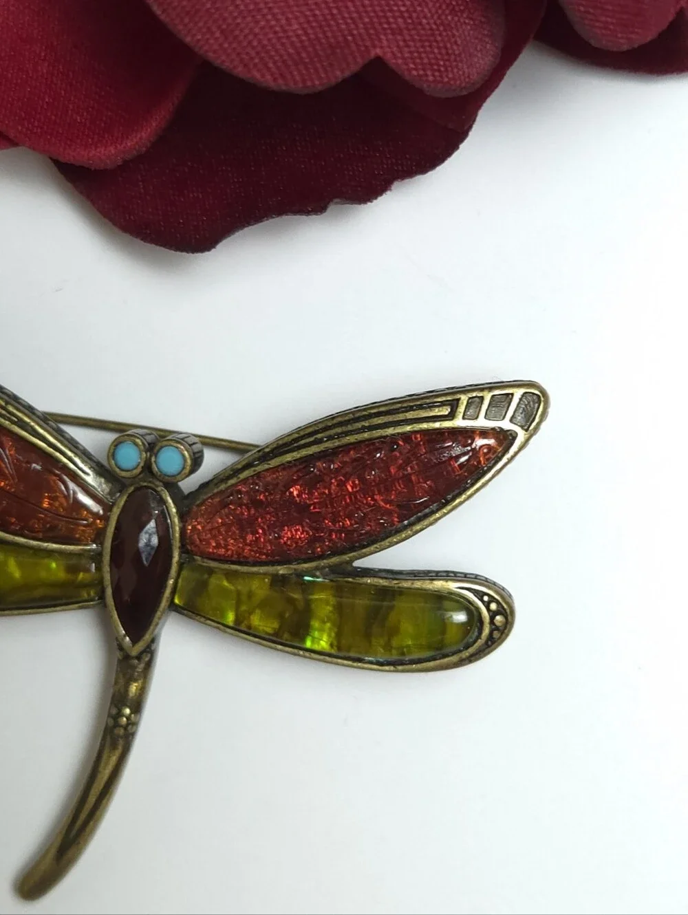 Vintage Liz Claiborne Red Lucite & Abalone Dragon Fly Brooch Antiqued Gold