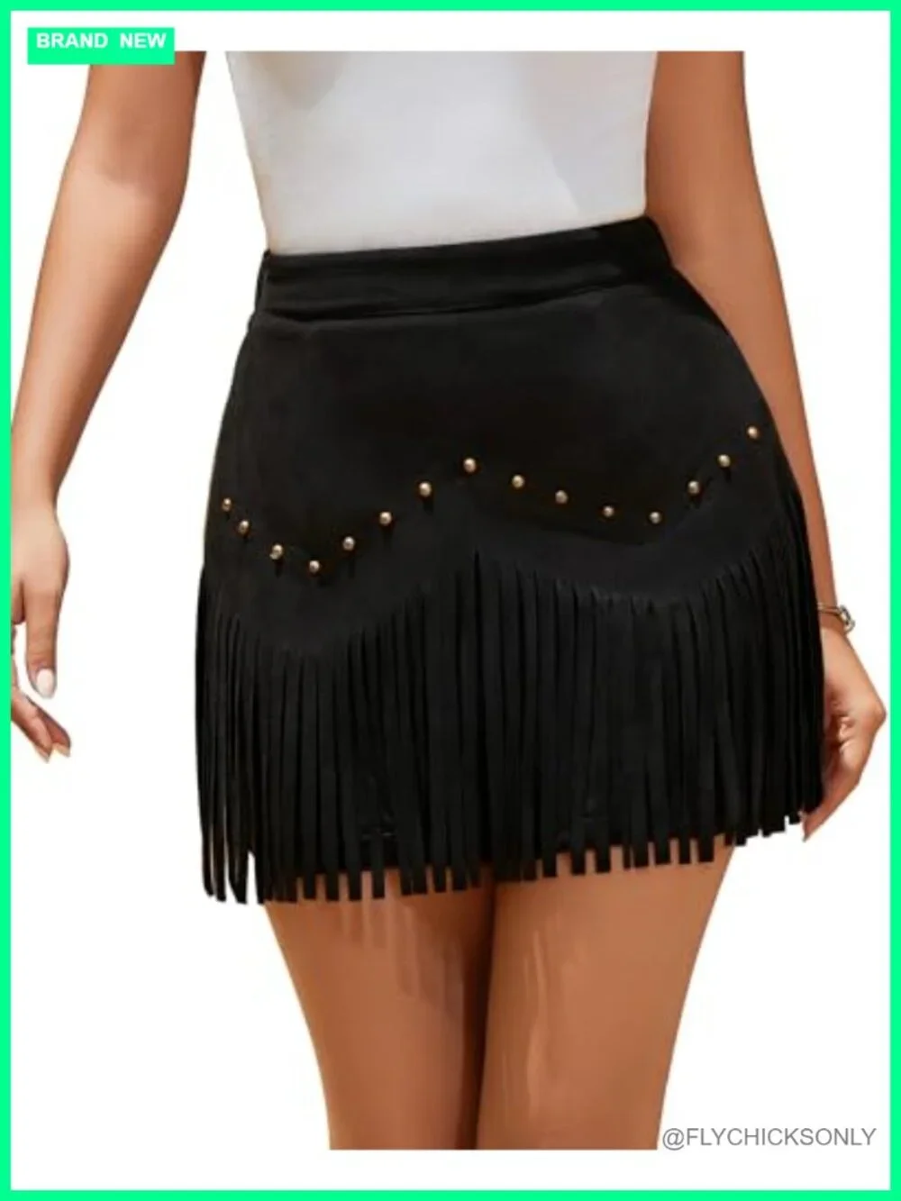 Faux Suede Fringe Mini Skirt High Waist Elastic Cowgirl Skirt with Rivets Zipper