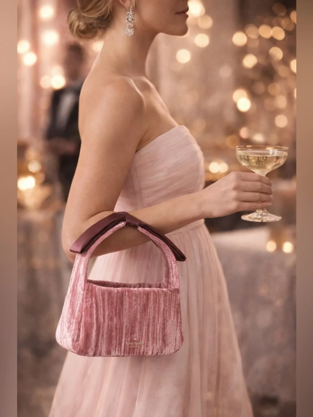 Kate Spade Crushed Velvet‎ Baguette Pomegranate Pink Bow Handbag MSRP $329
