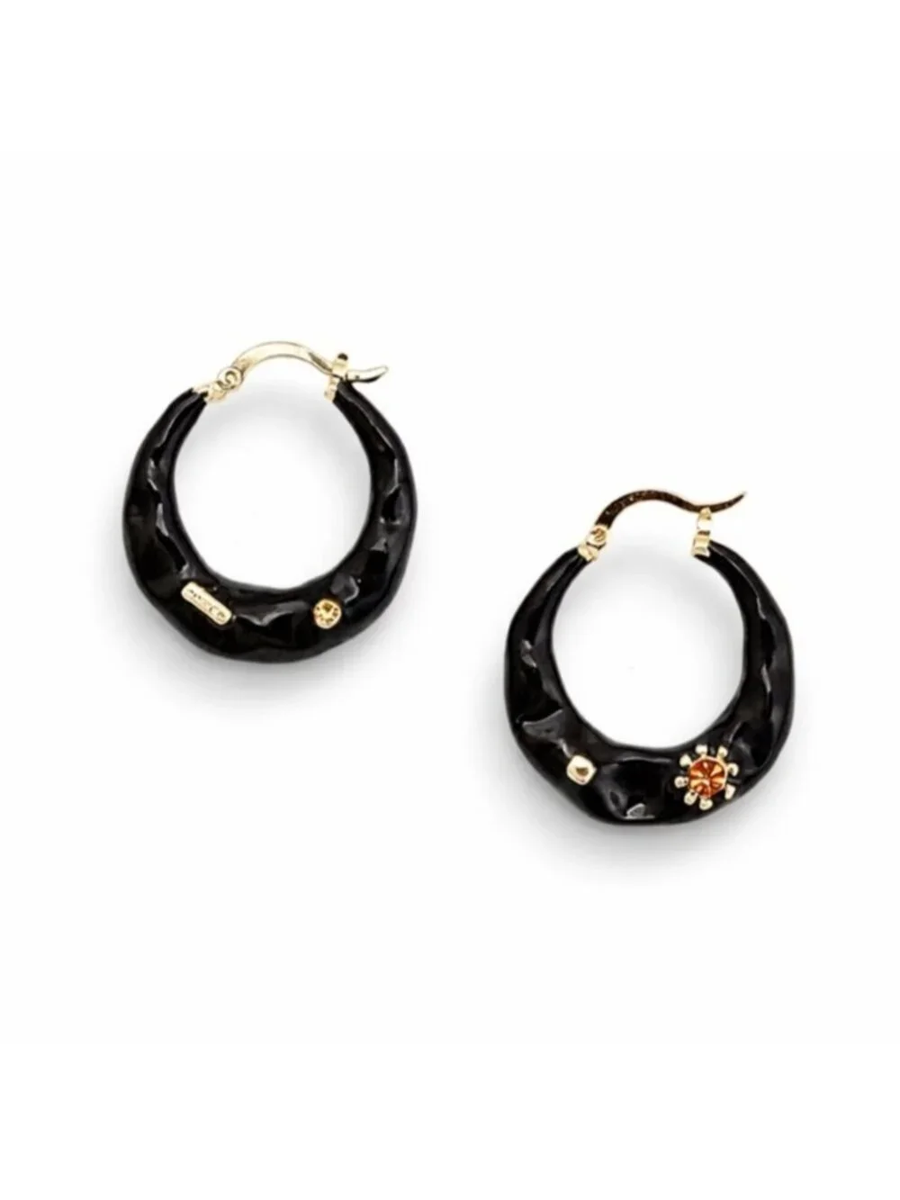 New! Black Flower Enamel Hoop Earrings NWOT (1053)