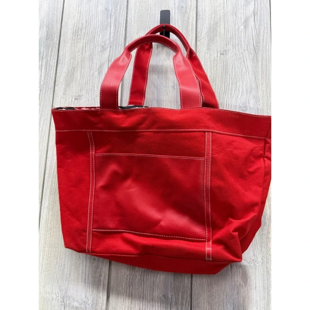 Lancome Red Canvas Tote Bag Floral Rose Lining Faux Leather Pocket Large Travel