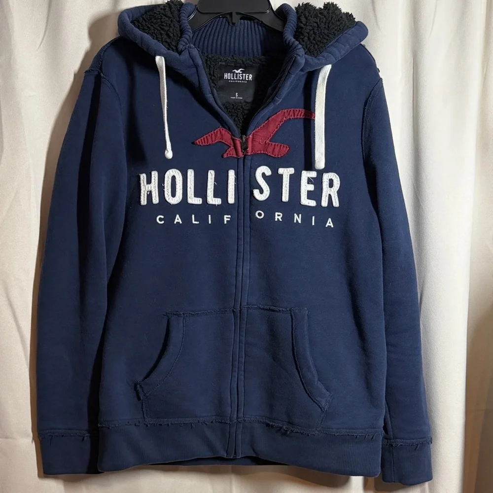 Y2K‎ Hollister Men’s Sherpa Lined Full Zip Collar Hoodie Navy Logo Size Small