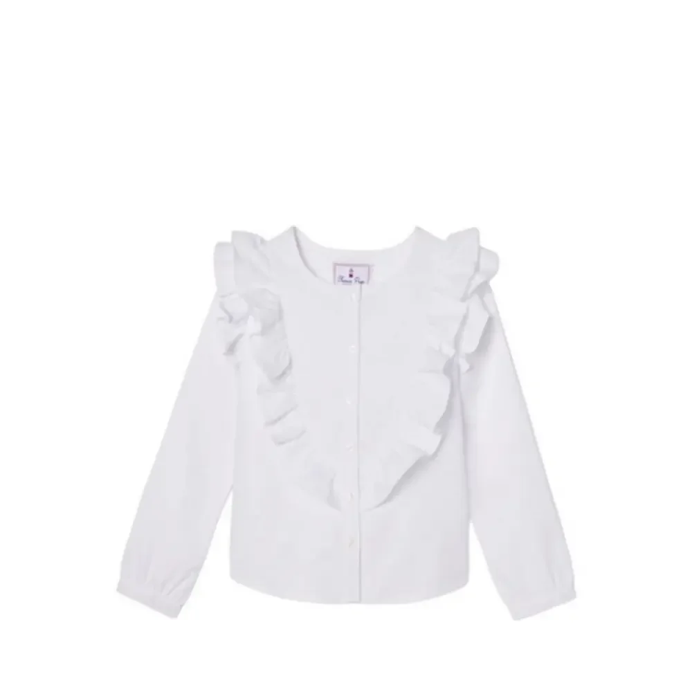 Classic Prep White Gemma‎ Preppy Ruffle Button Down Long Sleeve Shirt