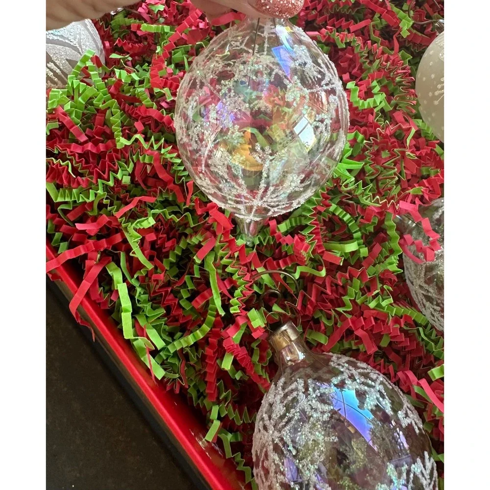 Set of 7 Iridescent Glitter Snowflake Christmas Ornaments‎ Vintage Glass Style