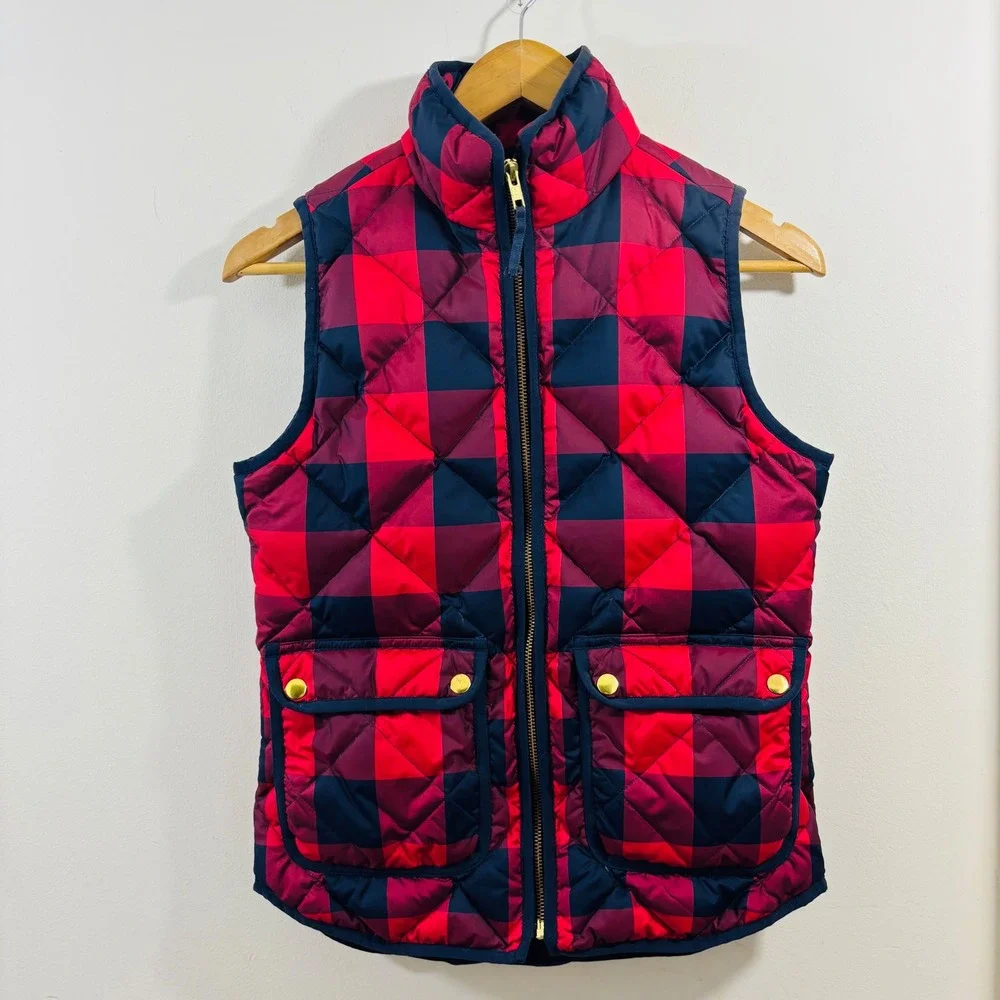 J. Crew Excursion Quilted Down Puffer Vest Red Navy Checker Pattern XXS‎