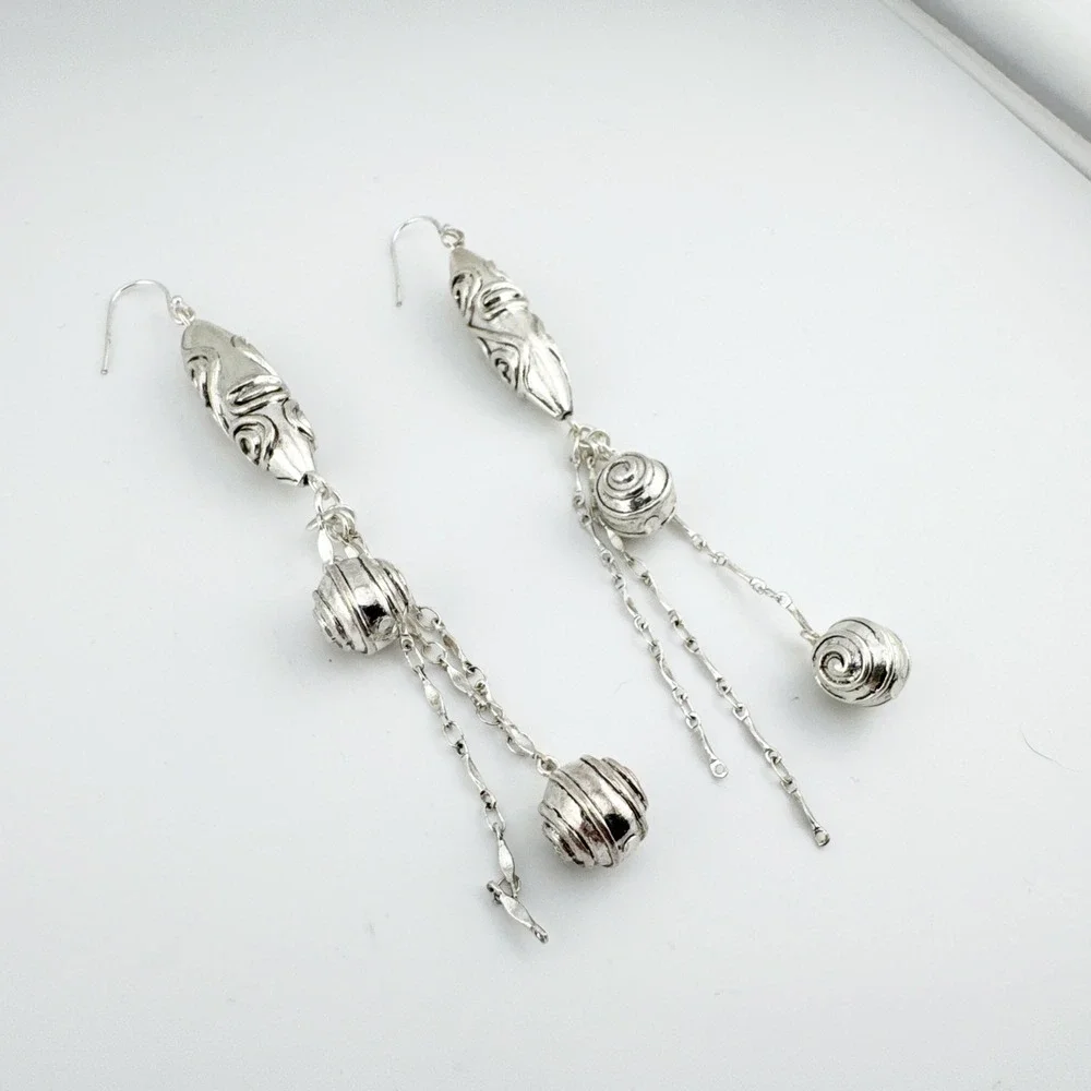 Silver Dangle Earrings Boho Swirl‎ Bead Drop Long Statement
