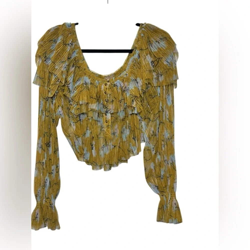 Free‎ People Frills and Thrills Ruffled Semi Sheer Button Front Long Sleeve SZ S