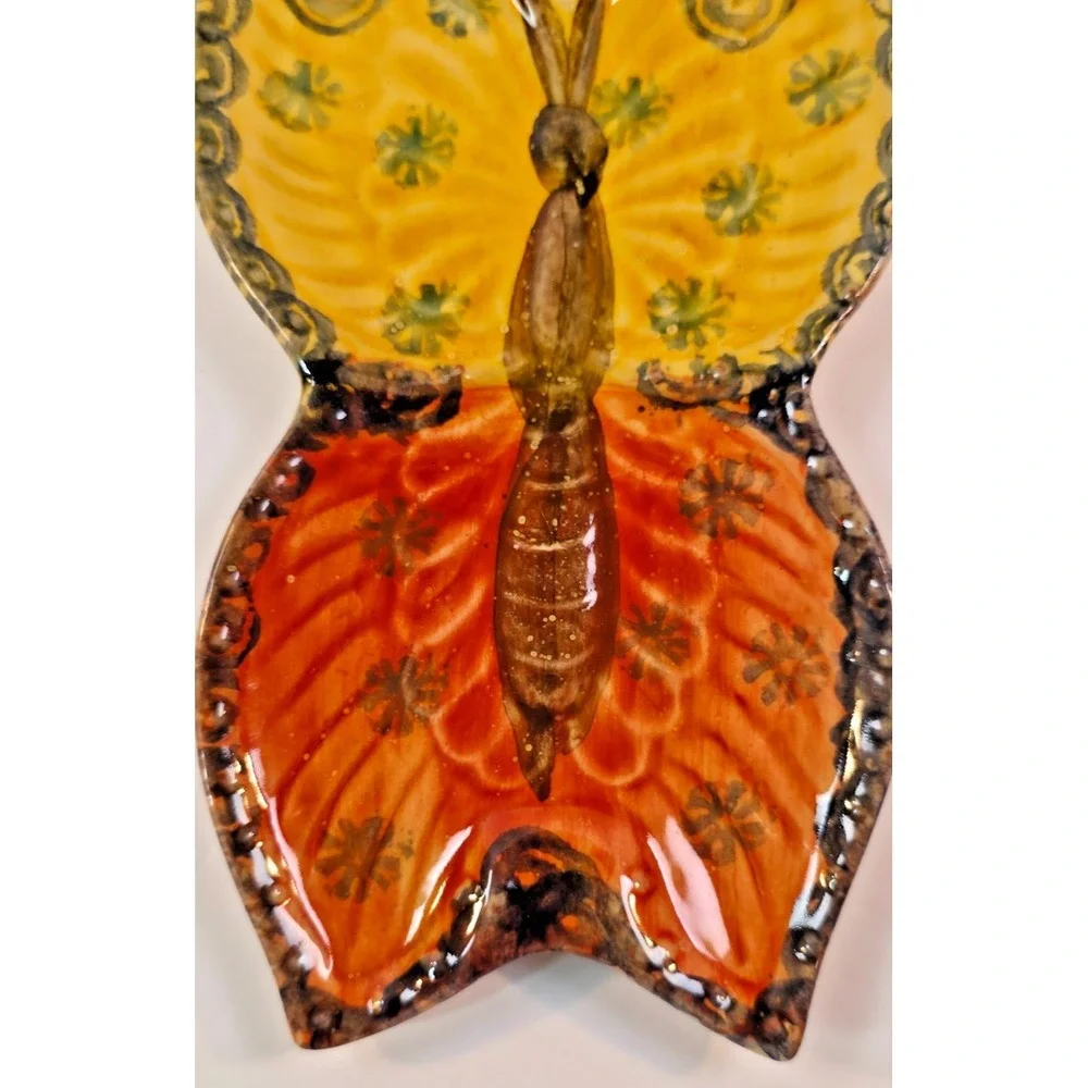 Italian Ceramic Butterfly‎ Wall Plaque Hand Painted Orange Yellow 9.25