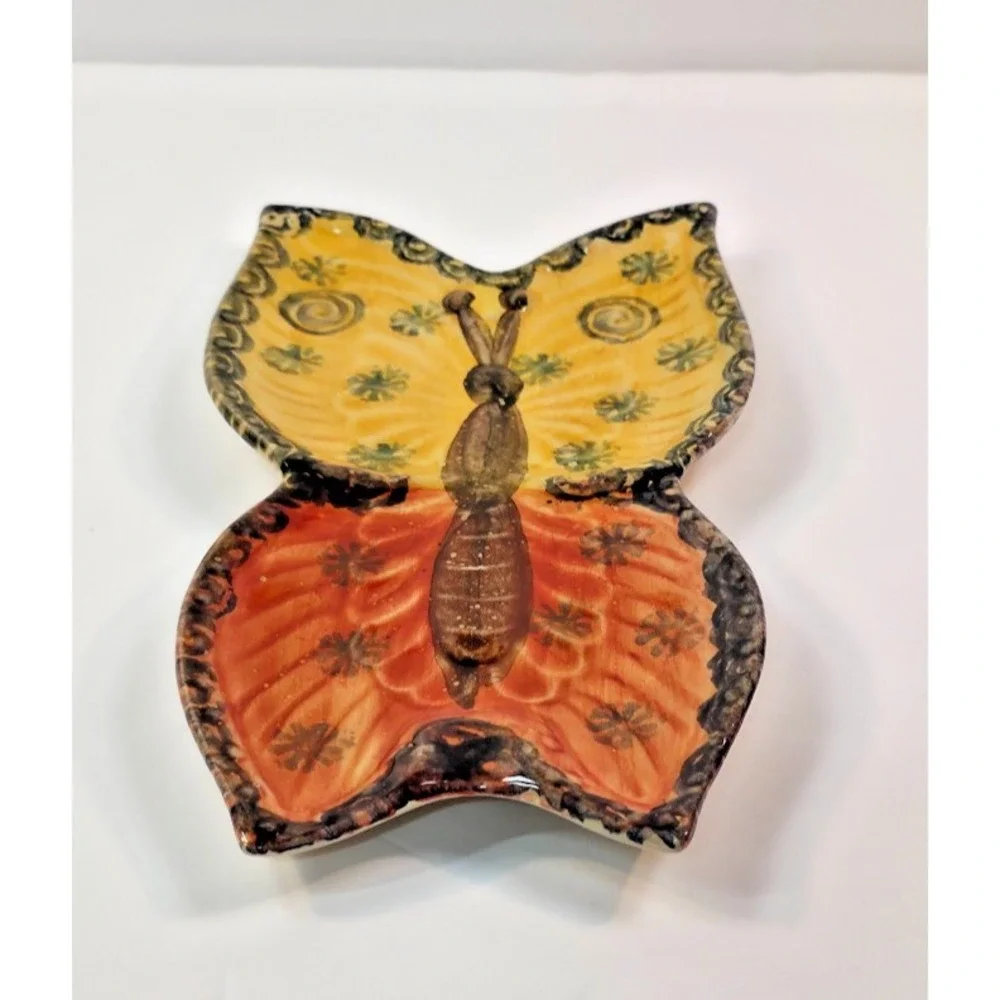 Italian Ceramic Butterfly‎ Wall Plaque Hand Painted Orange Yellow 9.25