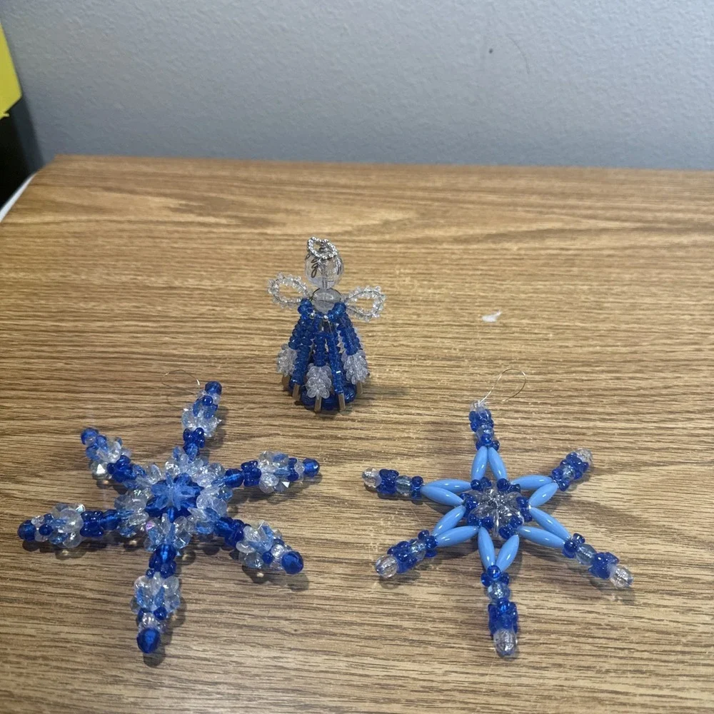 Vintage Handmade Christmas Bead And Safety Pin Christmas Angels And Stars‎