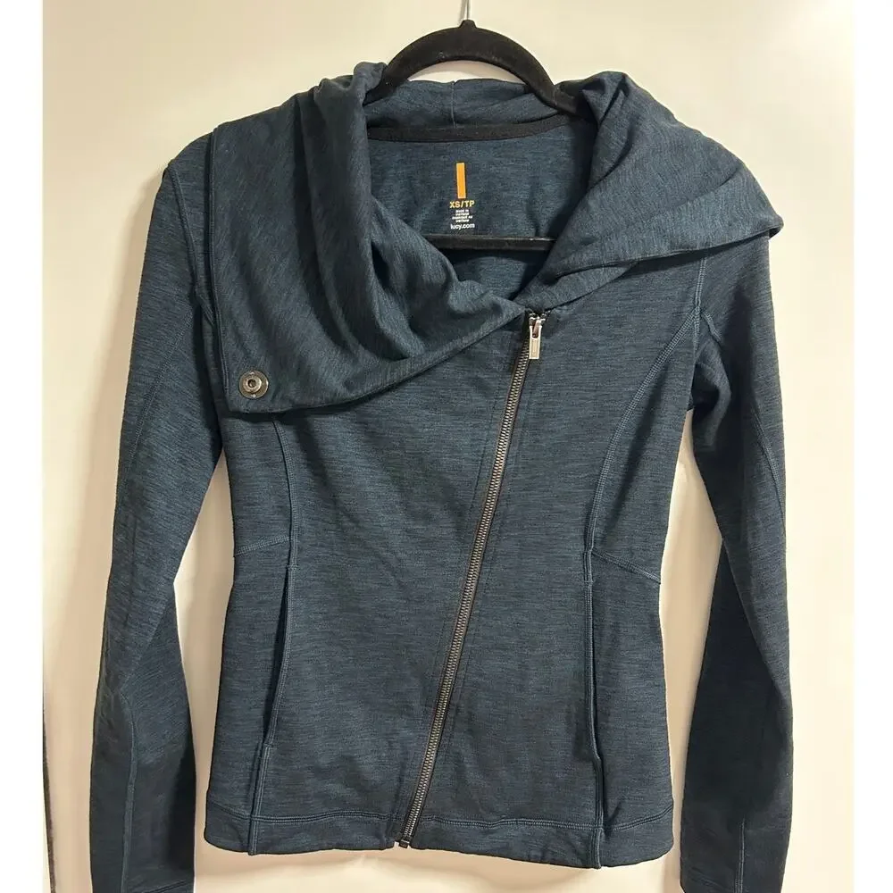 Lucy‎ Women's Hatha XS Asymmetrical Zip Up Jacket Funnel Neck Teal Heathered