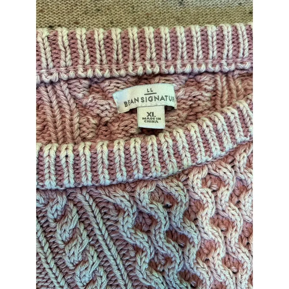 LL Bean Signature Heavy Washed Pink Cotton Cable Knit Tunic Sweater XL