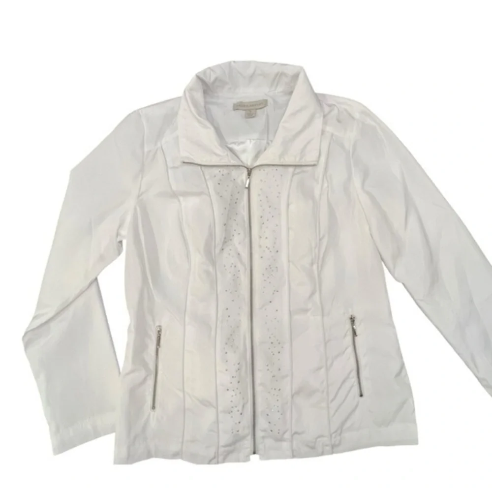 Laura Ashley Ladies Silky Regatta Jacket Embellished White Zip Up Small NWT $114
