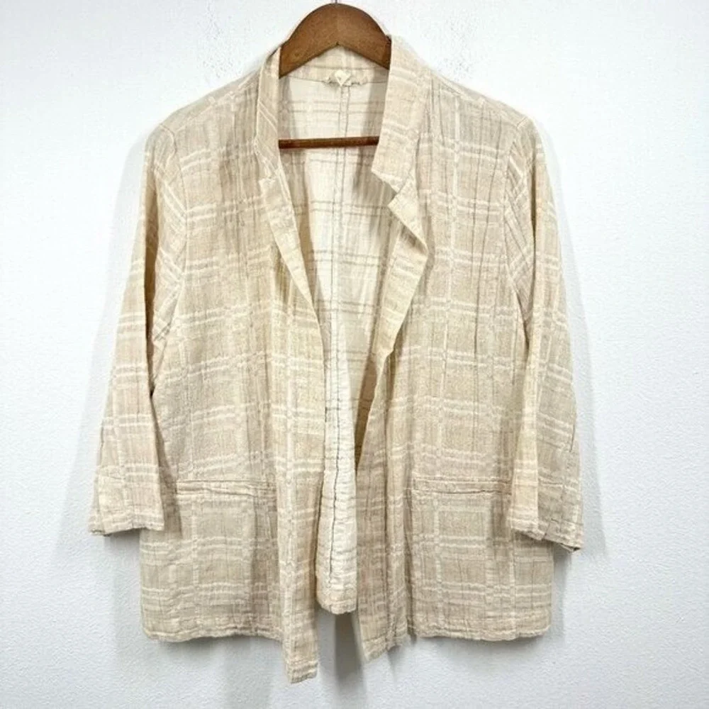Eileen Fisher Cream Linen Open Front Jacket Women's Size Large Lagenlook Spring‎