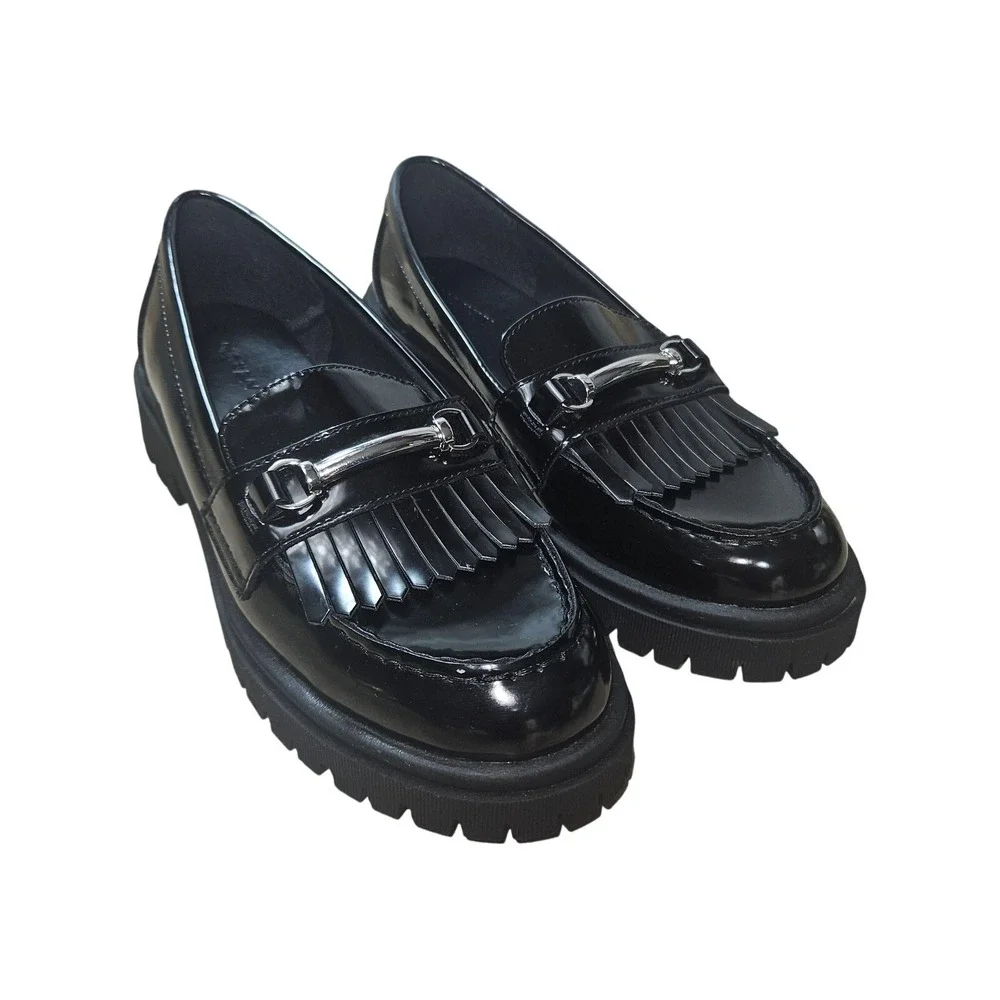 Lug Sole Loafer Shoes Women 9 Black Platform Sole‎ Kiltie Fringe Horsebite