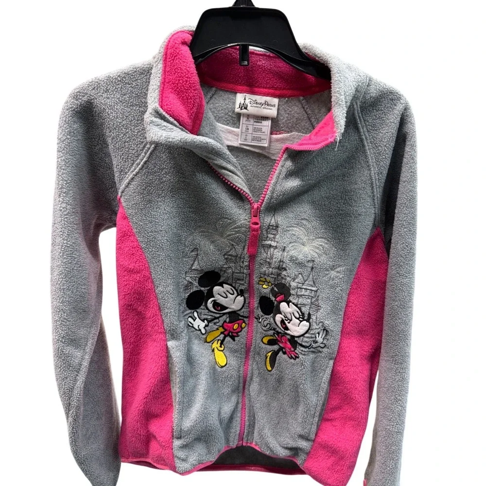 Disney Parks Kids Grey Pink Mickey Minnie Mouse Fleece Zip‎ Jacket Thumbholes L