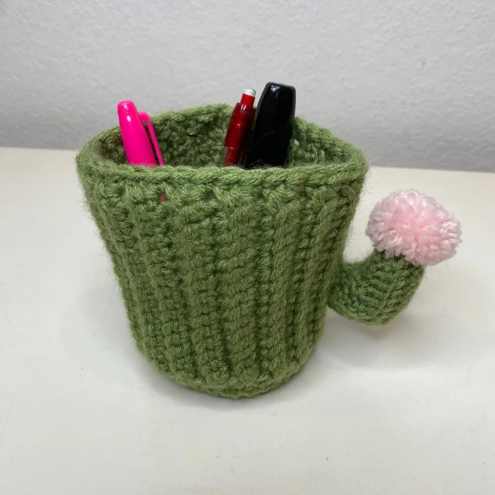 Handmade Crochet Cactus Pencil Holder Green Pink Flower Desk Organizer Basket‎