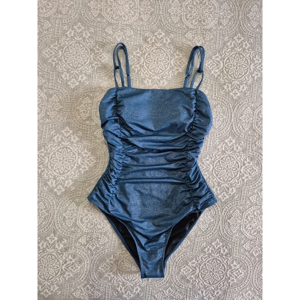 Cupshe Blue‎ Glitter Ruched One Piece Swimsuit Shimmer Square Neck Large