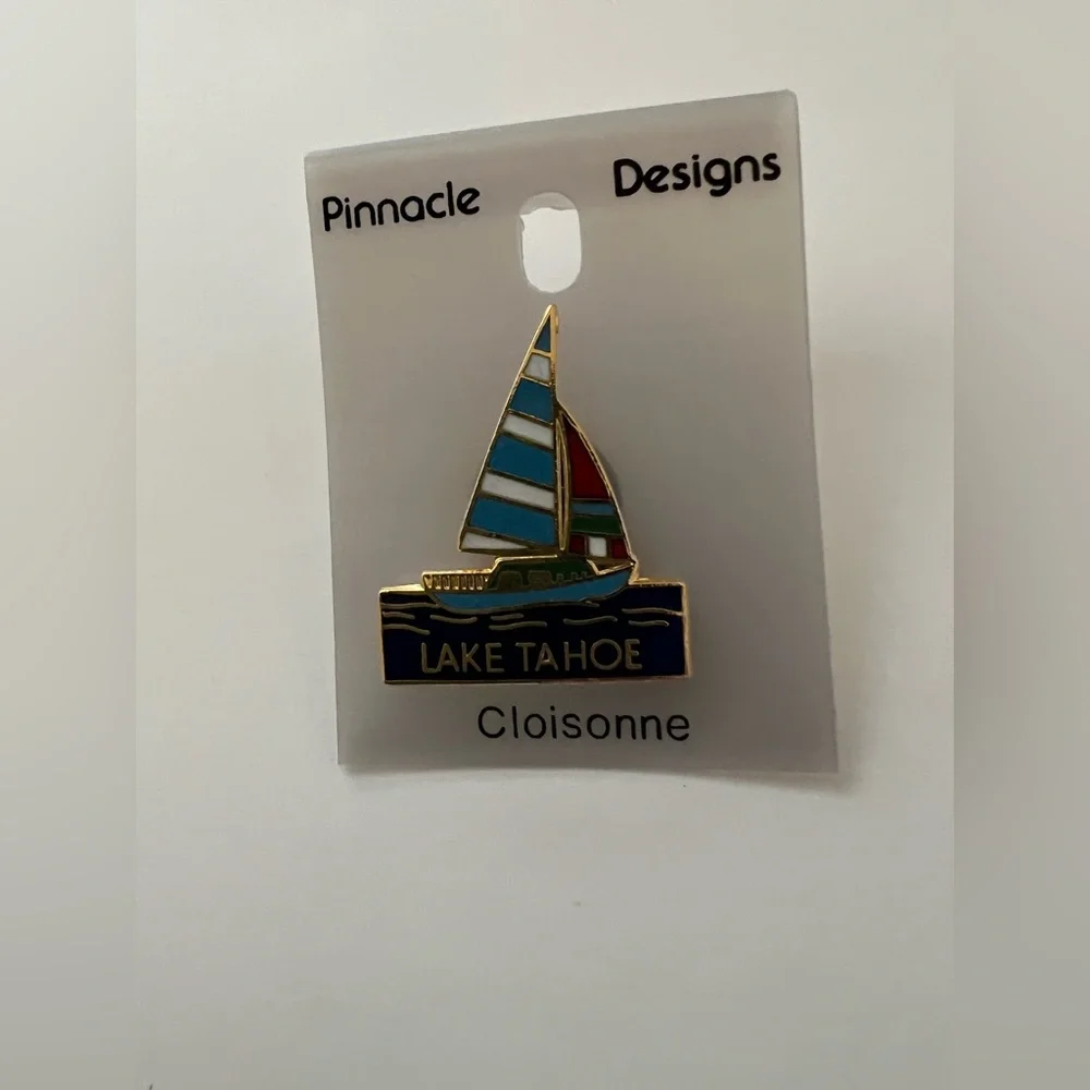 Lake Tahoe Cloissone Boat Pin Souvenir Blue Red