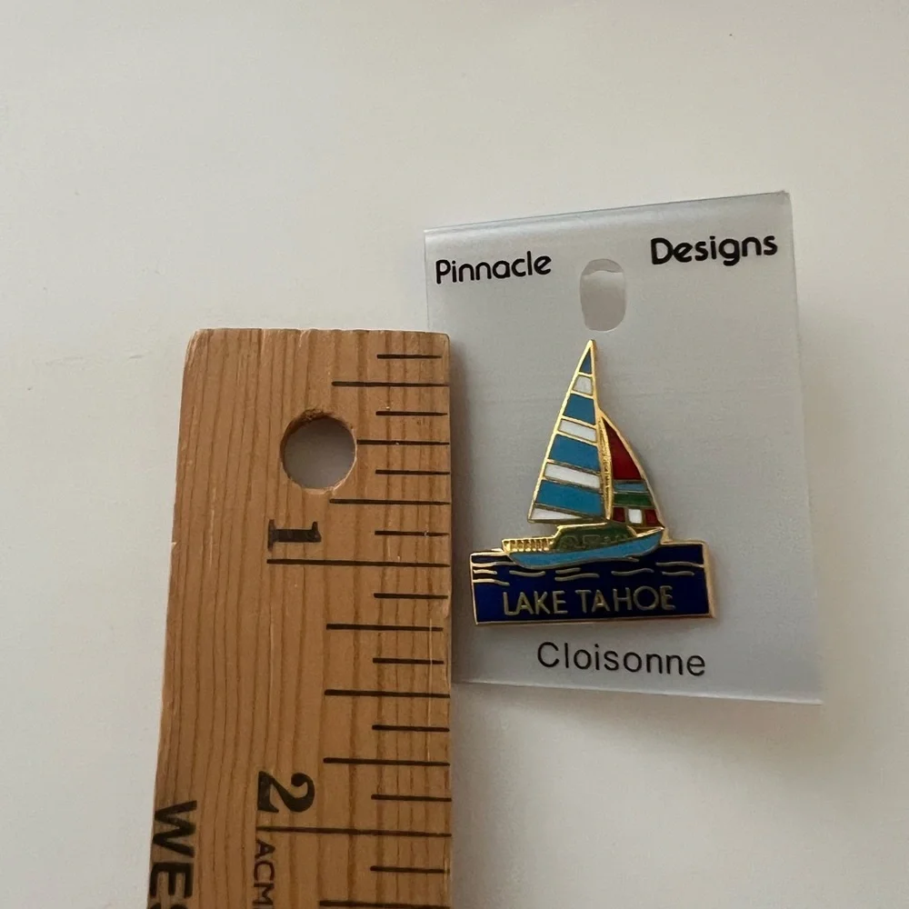 Lake Tahoe Cloissone Boat Pin Souvenir Blue Red