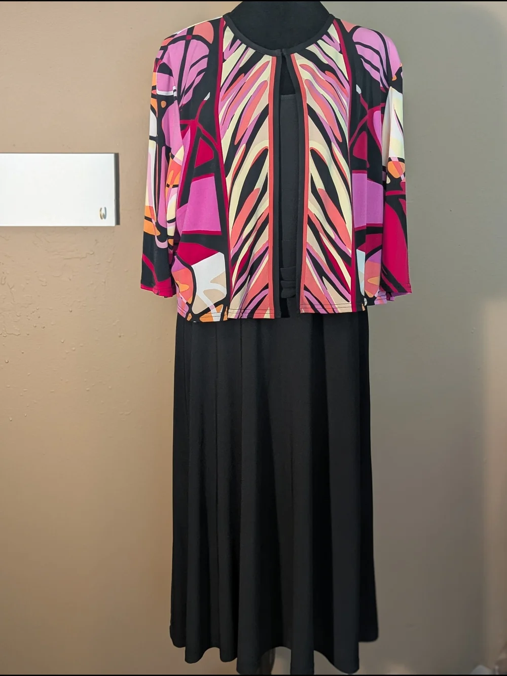 R&K Black Midi Dress With Colorful Geometric Printed Jacket. Sz 18.