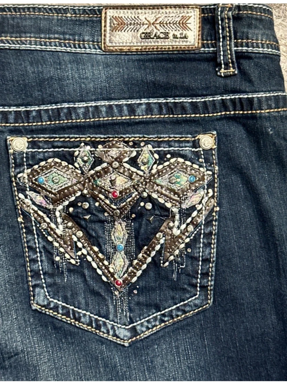 Embroidered Back Pocket Dark Blue Flare Jeans