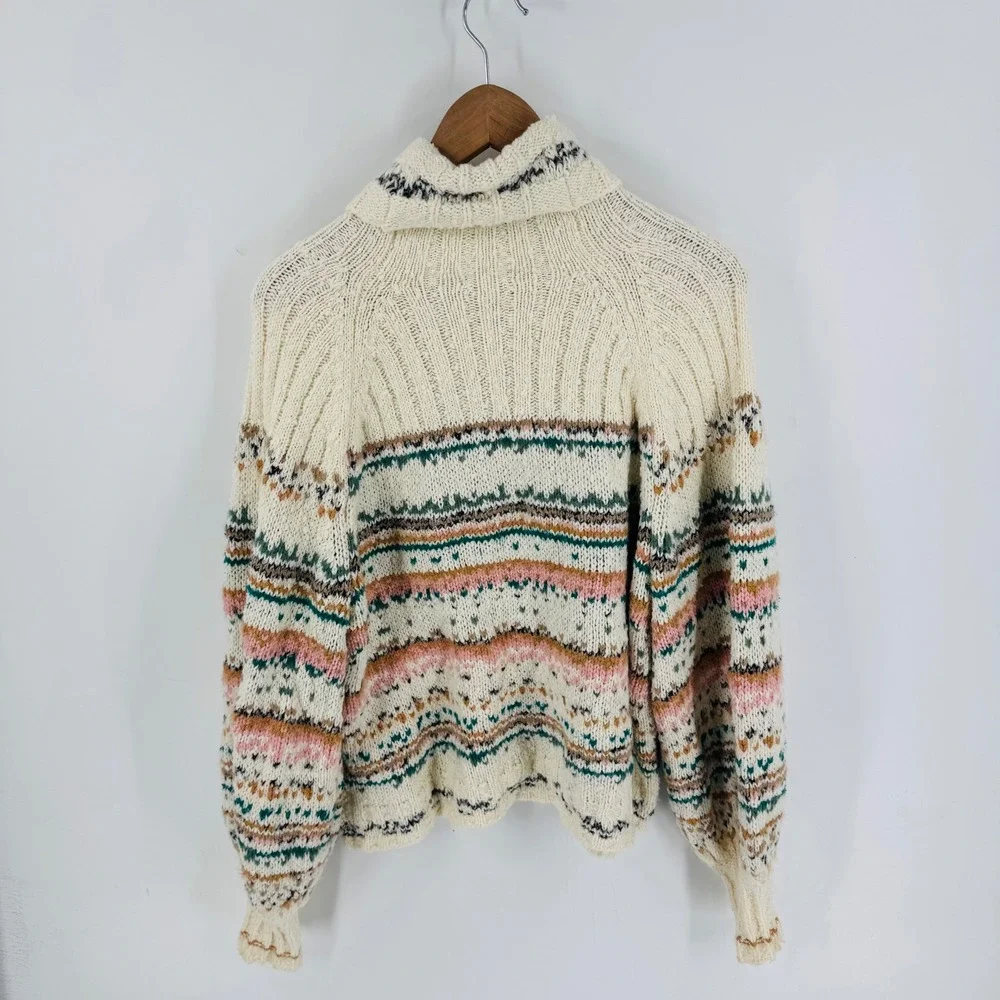 Pilcro Anthropologie Chunky Knit Fair Isle‎ Turtleneck Cream Size L Cozy Cottage
