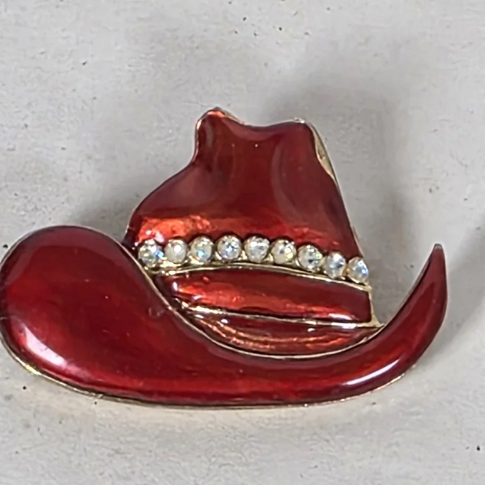 Vintage Western Red Cowboy Hat Brooch Pin  Rhinestones Red Hat Society lot 3 ear