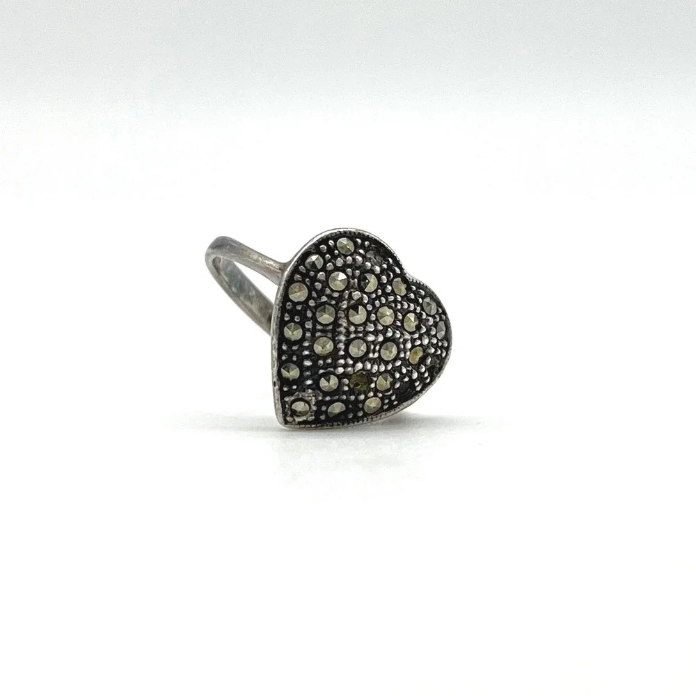 Sterling Silver Heart Ring Marcasite‎ Accent Vintage Flawed