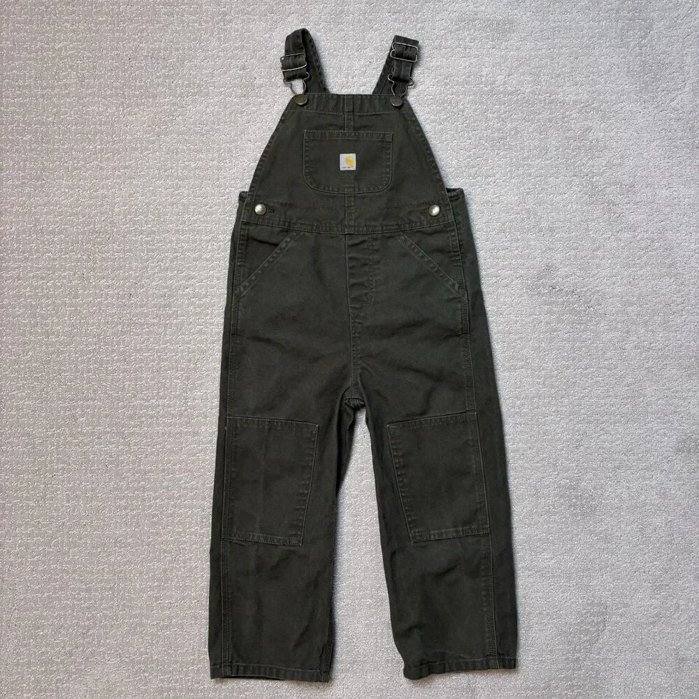 Carhartt Canvas Duck Bib Pockets Overalls Double Knee Green Workwear Durable 4T